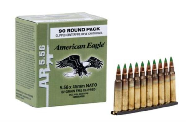 Federal American Eagle 5.56x45mm NATO 62gr, Full Metal Jacket, 10rd Stripper Clips, 90rd/Box