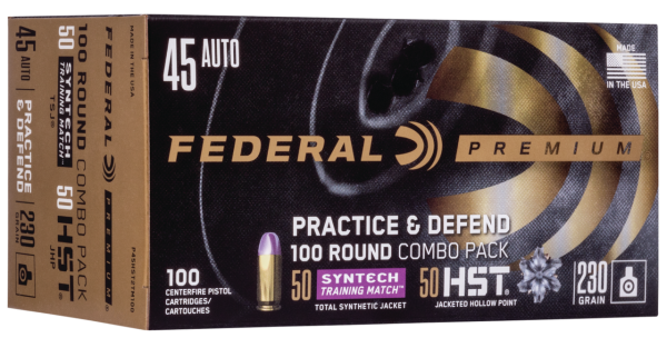 Federal Premium Practice & Defend 45 ACP, 230gr, Jacketed Hollow Point/Syntech Training Match, 100rd Box