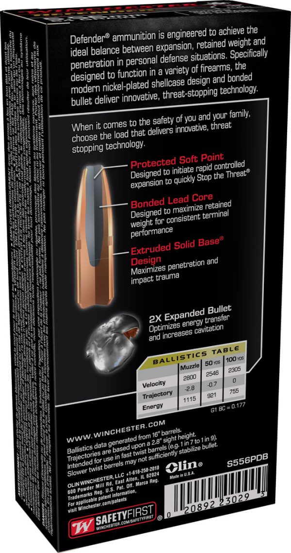 Winchester Defender 5.56x45mm, 64gr, Bonded Solid Base, 20rd Box - Image 2