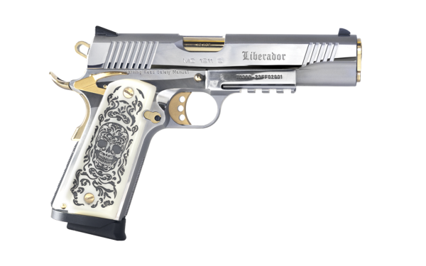 Girsan MC1911S Liberador II 9mm, 5" Barrel, Silver, Gold Accents, Engraved White Ivory Grips, 10rd