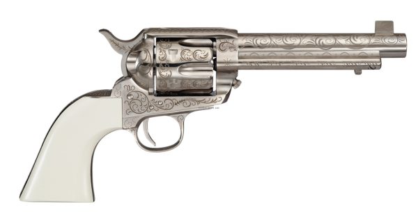 Cimarron Frontier 45 LC, 5.5" Barrel, Engraved Nickel, White Grips, 6rd