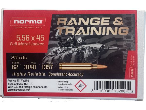 Norma Range & Training 5.56x45mm, 62gr, Full Metal Jacket, 20rd Box