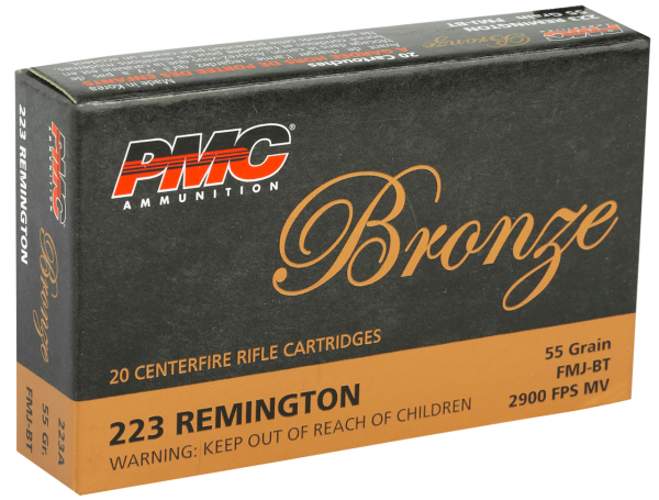 PMC Bronze 223 Remington, 55gr, Full Metal Jacket, Boat Tail, 20rd Box