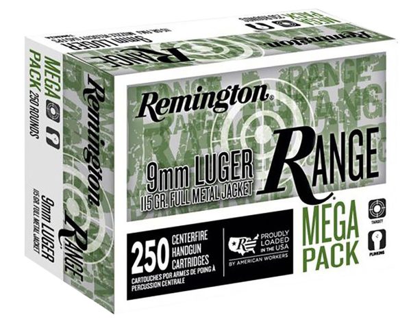 Remington Range 9mm 115gr, 1145 fps, FMJ, 250Bx/4Cs