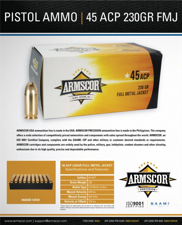 Armscor Pistol Value Pack .45 ACP, 230gr, FMJ, 100rd Box - Image 2